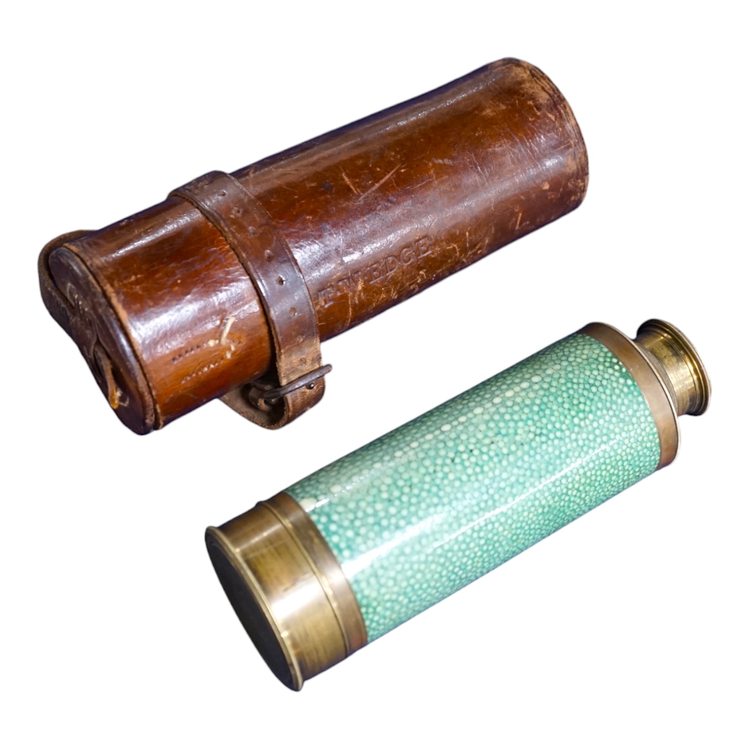 A leather cased and shagreen covered eight drawer brass telescope, engraved; ‘P. Myers. Nottingham, J.W. Edge Esqre. July 9th 1829’, with brass lens cap, the leather case blind stamped with ‘T.W. Edge’, 76cm fully extend